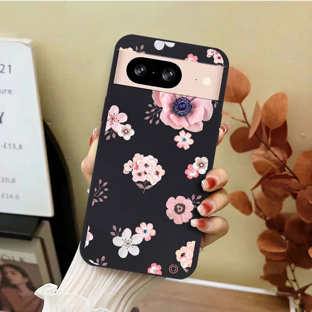 Google Pixel 8 Cover - Black - D2 - ONation Nature Floral Series - HQ Liquid Silicone Soft Case