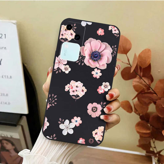 Vivo V30 Cover - Black - D2 - ONation Nature Floral Series - HQ Liquid Silicone Soft Case