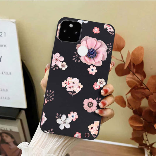 Google Pixel 5a 5G Cover - Black - D2 - ONation Nature Floral Series - HQ Liquid Silicone Soft Case