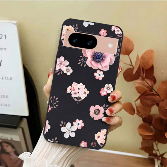 Google Pixel 8a Cover - Black - D2 - ONation Nature Floral Series - HQ Liquid Silicone Soft Case