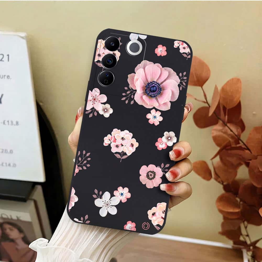 Vivo S16e Cover - Black - D2 - ONation Nature Floral Series - HQ Liquid Silicone Soft Case