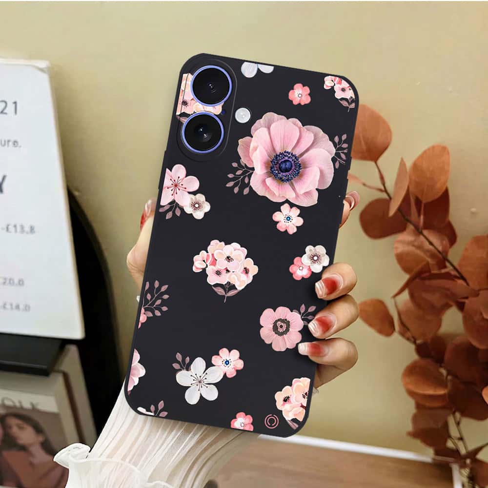 iPhone 16 Plus Cover - Black - D2 - ONation Nature Floral Series - HQ Liquid Silicone Soft Case