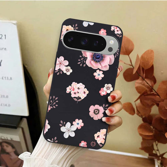 Google Pixel 9 Cover - Black - D2 - ONation Nature Floral Series - HQ Liquid Silicone Soft Case