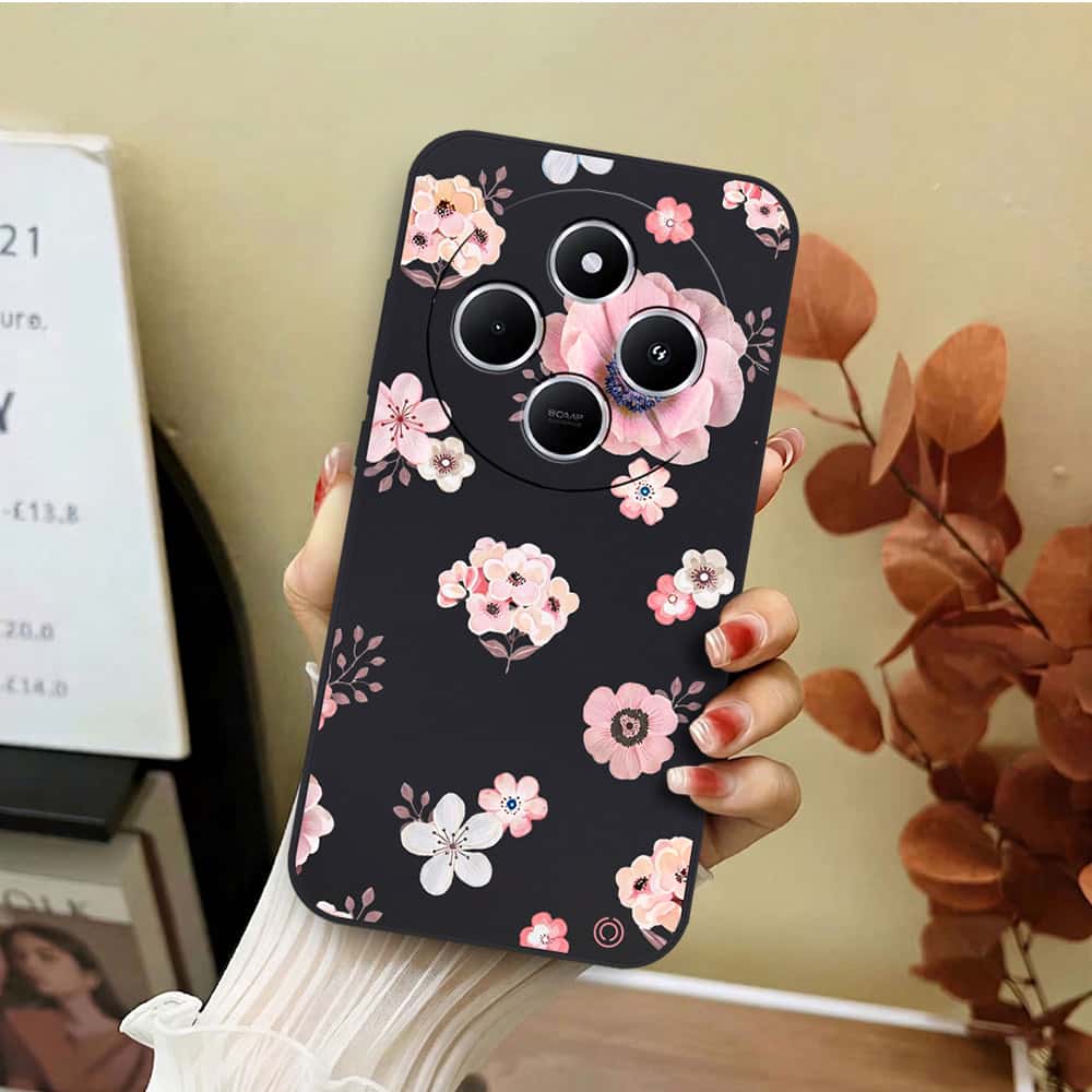 Xiaomi Redmi 14R Cover - Black - D2 - ONation Nature Floral Series - HQ Liquid Silicone Soft Case
