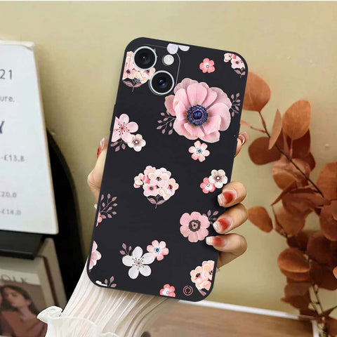 iPhone 15 Cover - Black - D2 - ONation Nature Floral Series - HQ Liquid Silicone Soft Case