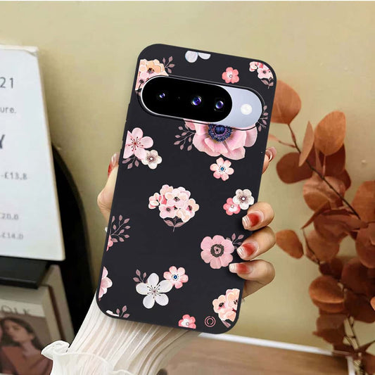 Google Pixel 10 Cover - Black - D2 - ONation Nature Floral Series - HQ Liquid Silicone Soft Case