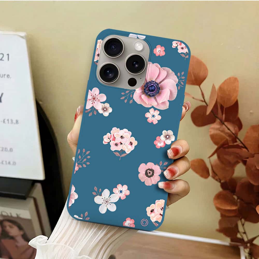 iPhone 15 Pro Max Cover - Blue - D2 - ONation Nature Floral Series - HQ Liquid Silicone Soft Case