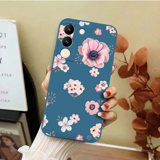 Vivo V29e Cover - Blue - D2 - ONation Nature Floral Series - HQ Liquid Silicone Soft Case