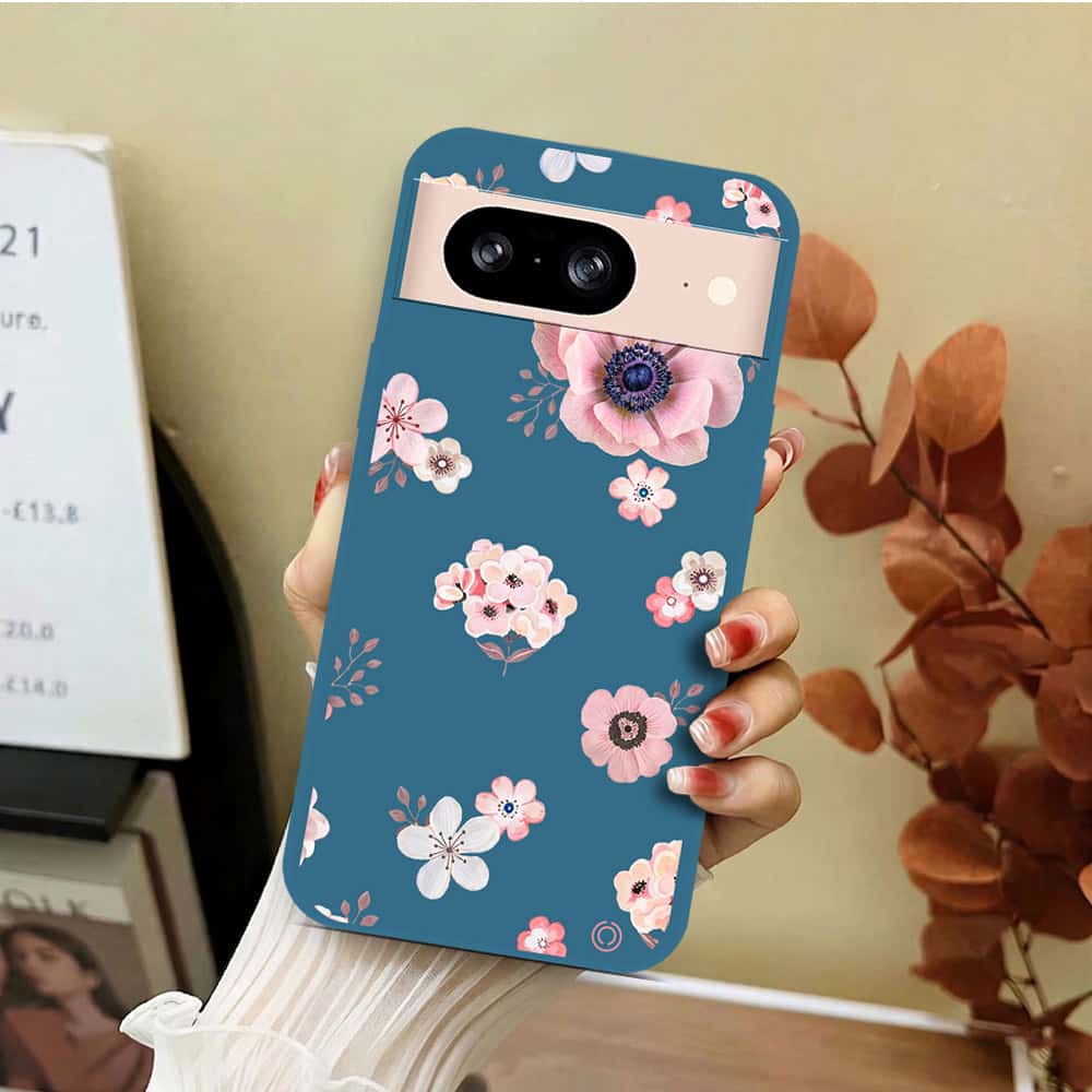Google Pixel 8 Cover - Blue - D2 - ONation Nature Floral Series - HQ Liquid Silicone Soft Case