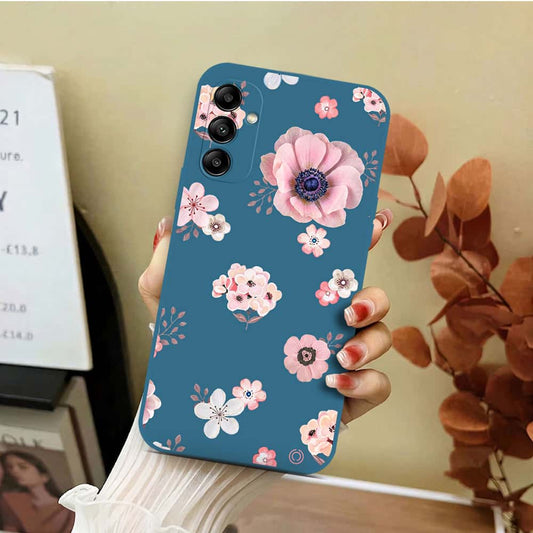Samsung Galaxy A14 Cover - Blue - D2 - ONation Nature Floral Series - HQ Liquid Silicone Soft Case