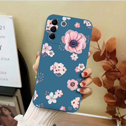 Vivo V27e Cover - Blue - D2 - ONation Nature Floral Series - HQ Liquid Silicone Soft Case