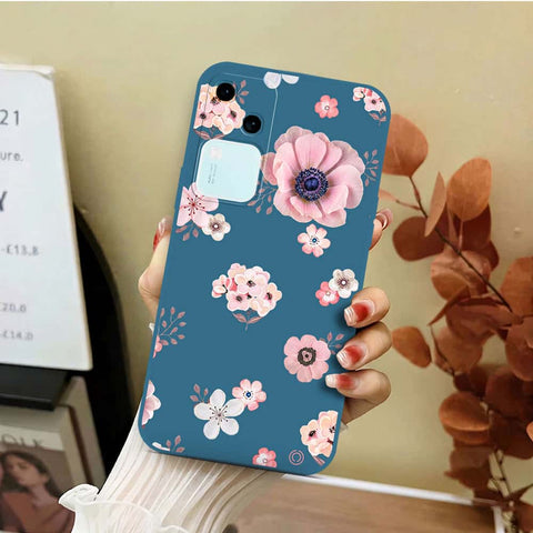 Vivo V30 Cover - Blue - D2 - ONation Nature Floral Series - HQ Liquid Silicone Soft Case