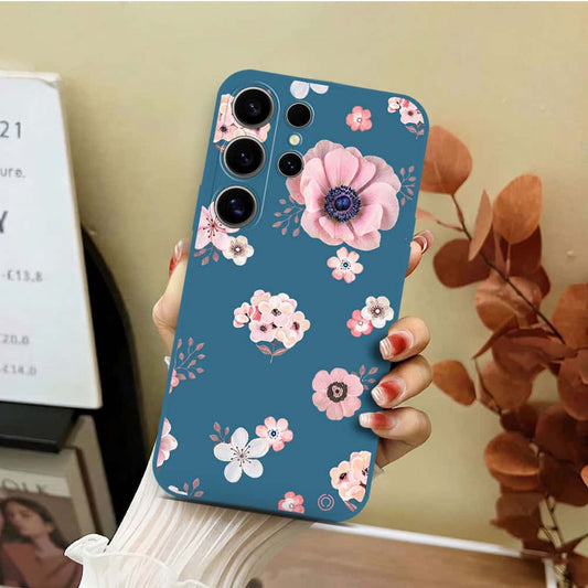 Samsung Galaxy S24 Ultra Cover - Blue - D2 - ONation Nature Floral Series - HQ Liquid Silicone Soft Case