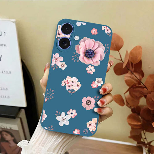 iPhone 16 Cover - Blue - D2 - ONation Nature Floral Series - HQ Liquid Silicone Soft Case