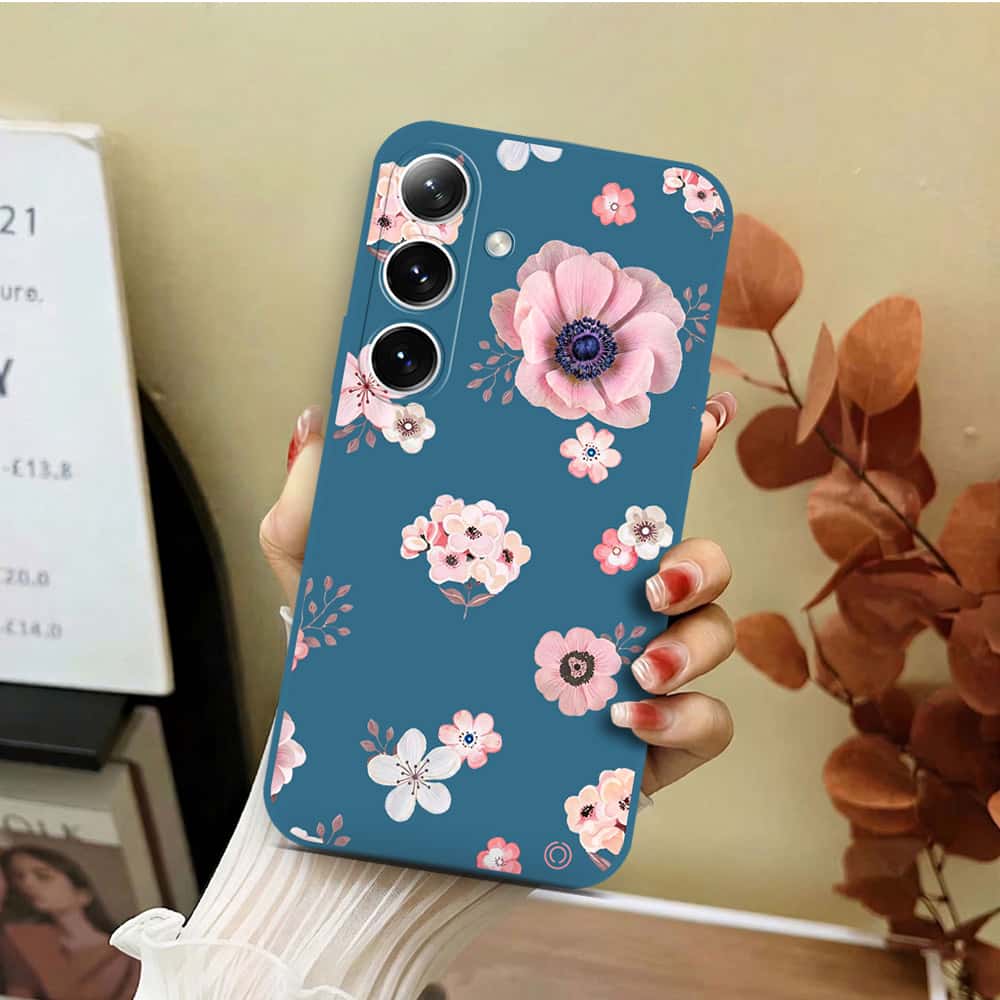 Samsung Galaxy S25 Cover - Blue - D2 - ONation Nature Floral Series - HQ Liquid Silicone Soft Case