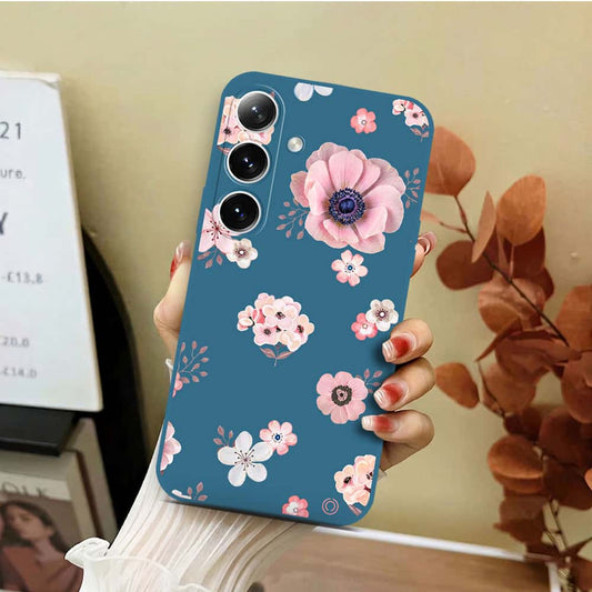 Samsung Galaxy S25 Cover - Blue - D2 - ONation Nature Floral Series - HQ Liquid Silicone Soft Case