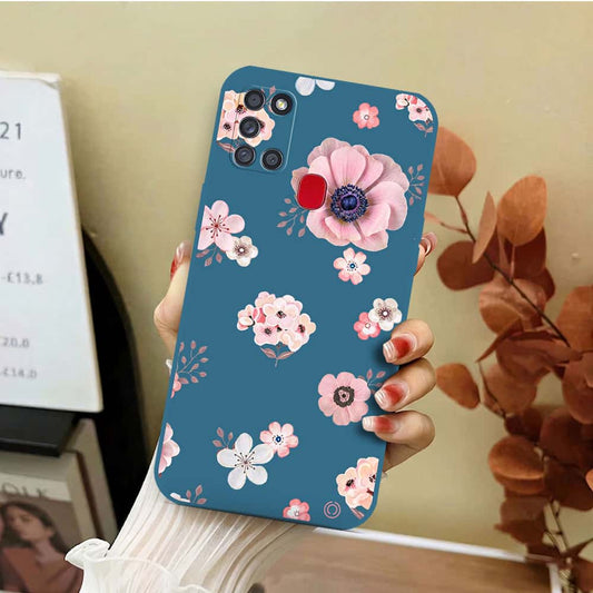Samsung Galaxy A21s Cover - Blue - D2 - ONation Nature Floral Series - HQ Liquid Silicone Soft Case