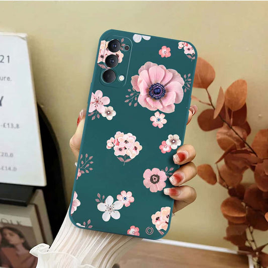 Oppo Reno 4 5G Cover - Dark Green - D2 - ONation Nature Floral Series - HQ Liquid Silicone Soft Case