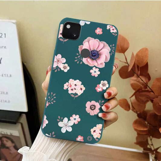 Google Pixel 4a 4G Cover - Dark Green - D2 - ONation Nature Floral Series - HQ Liquid Silicone Soft Case
