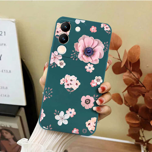 Vivo V29e Cover - Dark Green - D2 - ONation Nature Floral Series - HQ Liquid Silicone Soft Case