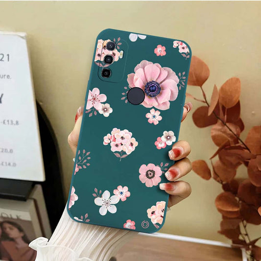 Oppo A32 Cover - Dark Green - D2 - ONation Nature Floral Series - HQ Liquid Silicone Soft Case