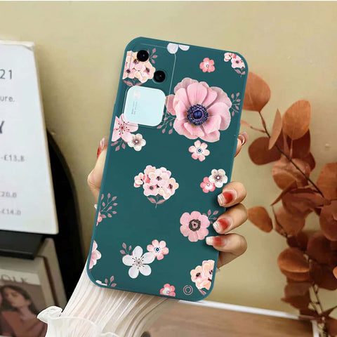 Vivo V30 Cover - Dark Green - D2 - ONation Nature Floral Series - HQ Liquid Silicone Soft Case