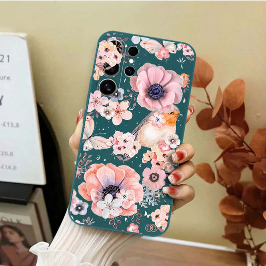 Samsung Galaxy S26 Ultra Cover - Dark Green - D2 - ONation Nature Floral Series - HQ Liquid Silicone Soft Case