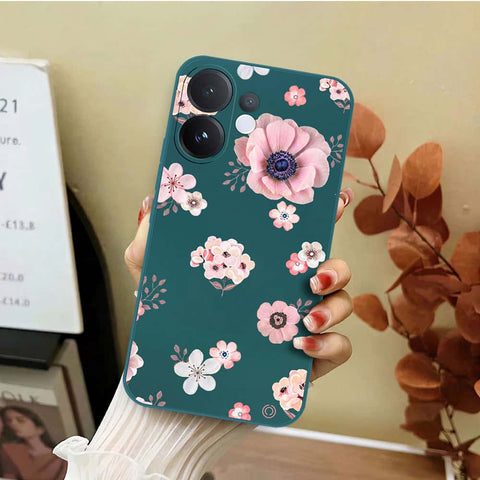Vivo V60 Cover - Dark Green - D2 - ONation Nature Floral Series - HQ Liquid Silicone Soft Case
