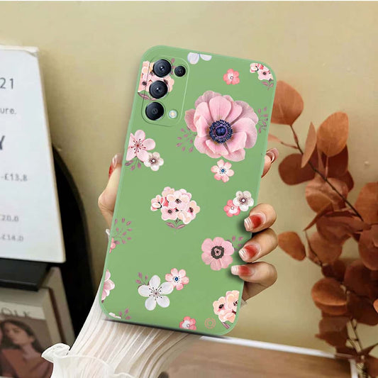 Oppo Reno 5 4G Cover - Light Green - D2 - ONation Nature Floral Series - HQ Liquid Silicone Soft Case