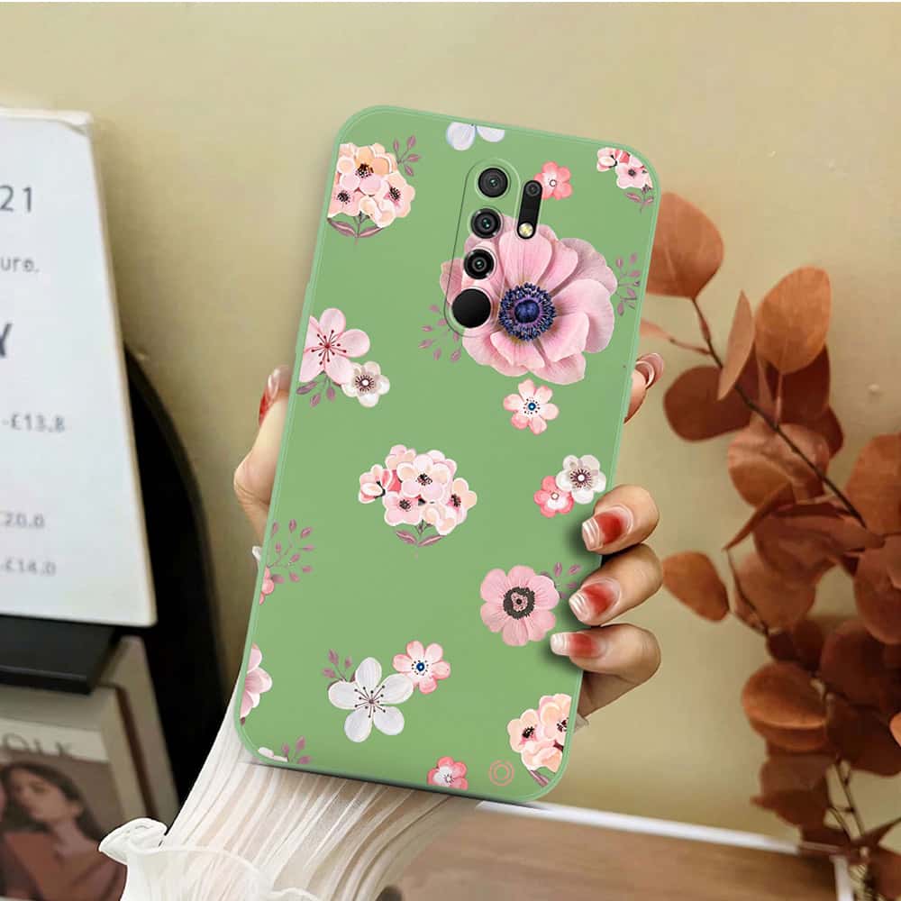 Xiaomi Redmi 9 Cover - Light Green - D2 - ONation Nature Floral Series - HQ Liquid Silicone Soft Case