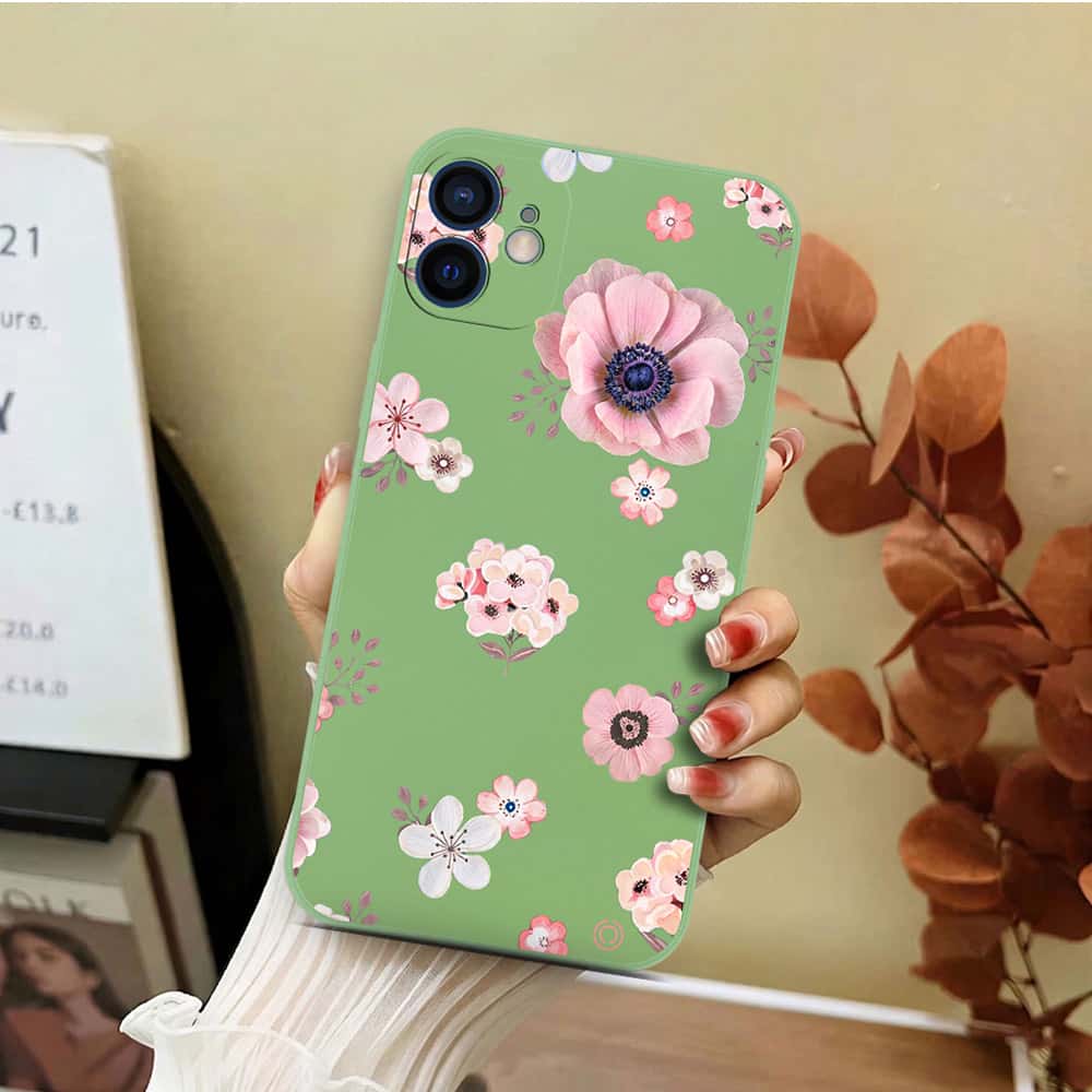 iPhone 12 Mini Cover - Light Green - D2 - ONation Nature Floral Series - HQ Liquid Silicone Soft Case