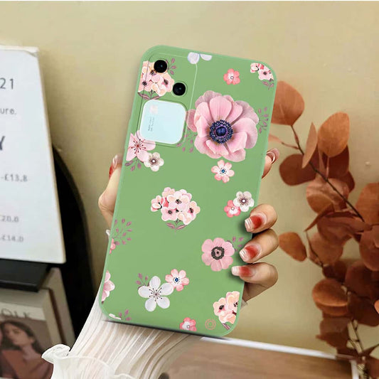 Vivo V30 Cover - Light Green - D2 - ONation Nature Floral Series - HQ Liquid Silicone Soft Case
