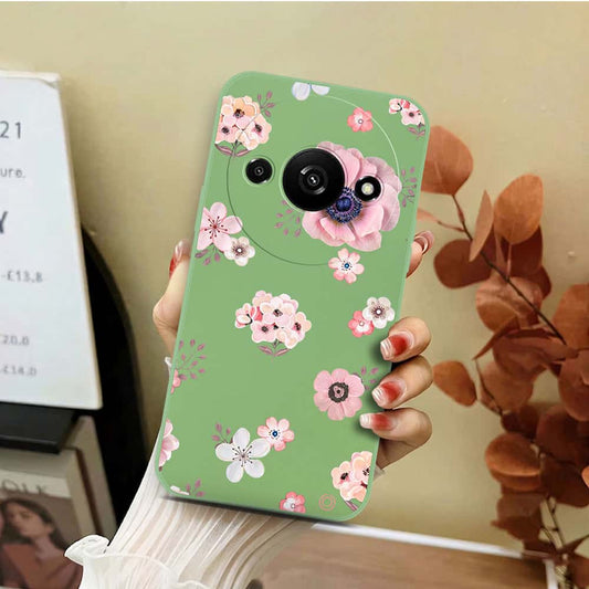 Xiaomi Redmi A3 Cover - Light Green - D2 - ONation Nature Floral Series - HQ Liquid Silicone Soft Case