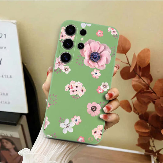 Samsung Galaxy S24 Ultra Cover - Light Green - D2 - ONation Nature Floral Series - HQ Liquid Silicone Soft Case