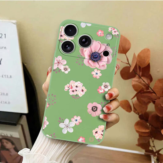 iPhone 17 Pro Max Cover - Light Green - D2 - ONation Nature Floral Series - HQ Liquid Silicone Soft Case