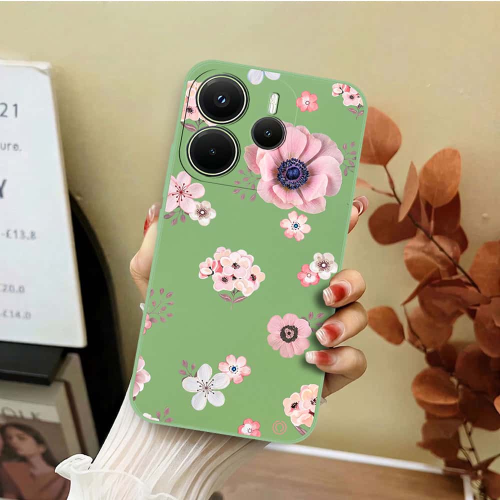 Xiaomi Redmi Note 14 4G Cover - Light Green - D2 - ONation Nature Floral Series - HQ Liquid Silicone Soft Case