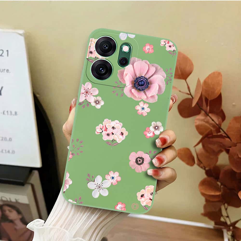 Oppo Reno 14F Cover - Light Green - D2 - ONation Nature Floral Series - HQ Liquid Silicone Soft Case