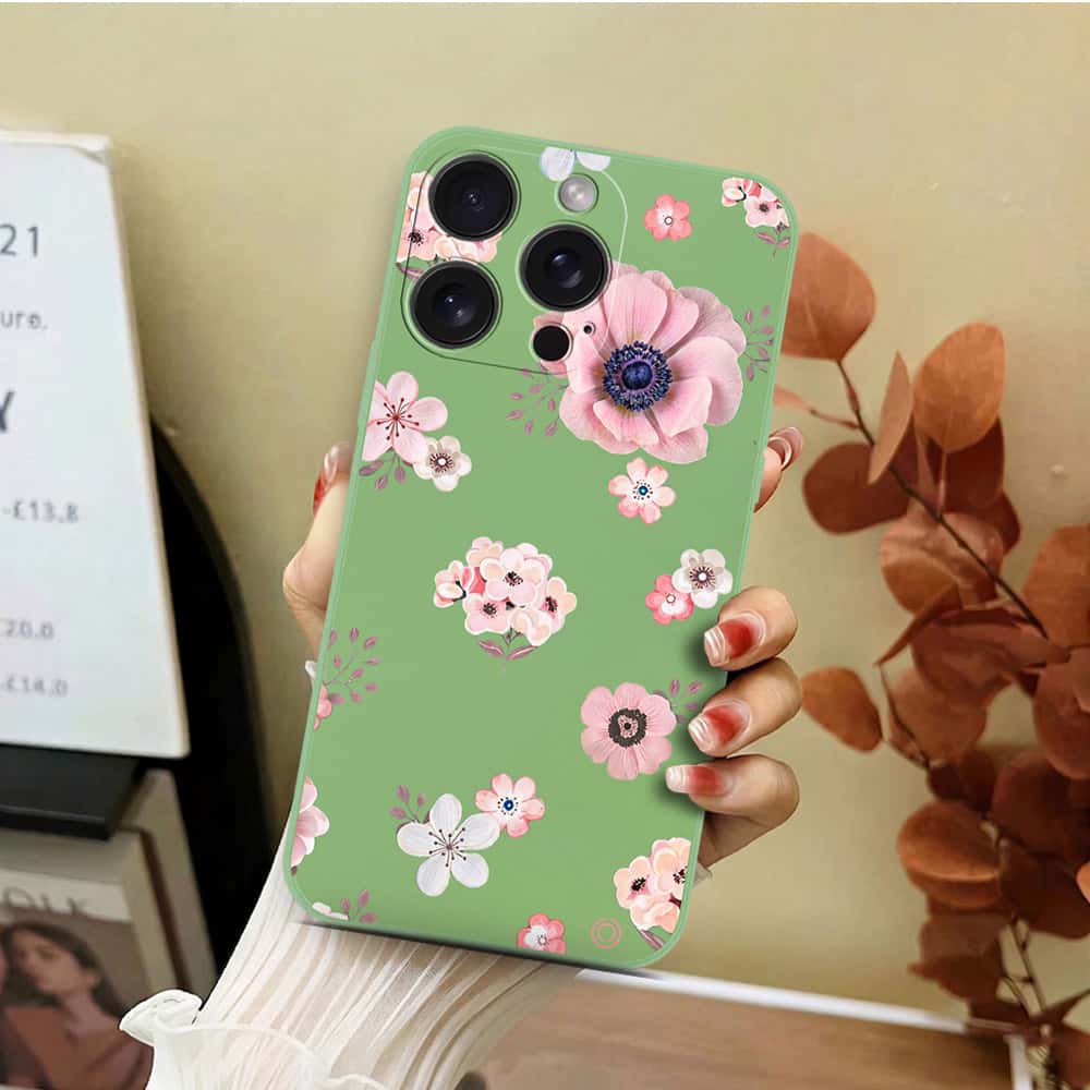 iPhone 16 Pro Cover - Light Green - D2 - ONation Nature Floral Series - HQ Liquid Silicone Soft Case