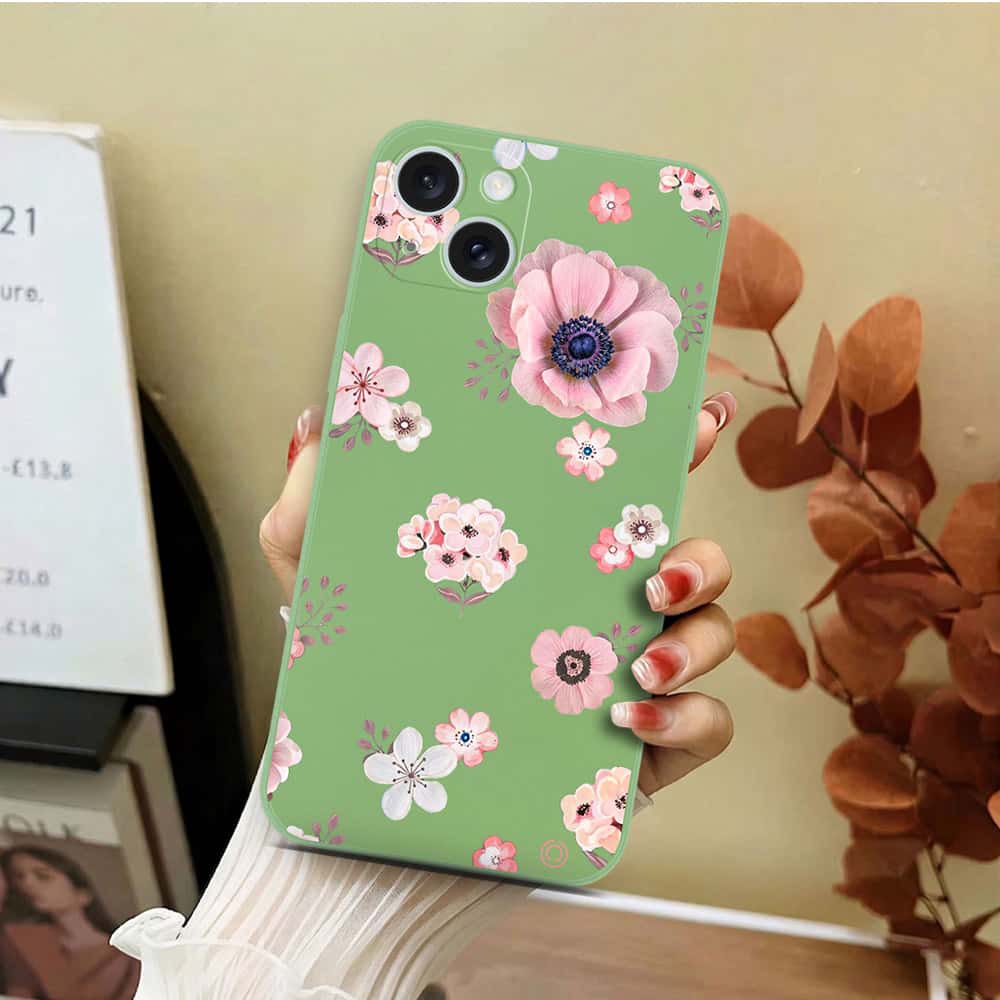 iPhone 15 Cover - Light Green - D2 - ONation Nature Floral Series - HQ Liquid Silicone Soft Case