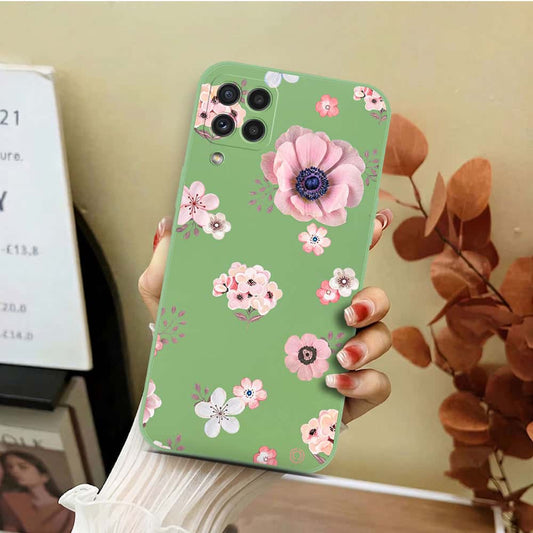 Samsung Galaxy M22 Cover - Light Green - D2 - ONation Nature Floral Series - HQ Liquid Silicone Soft Case