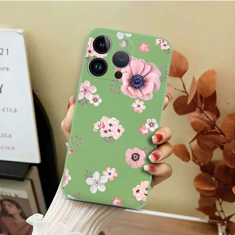 iPhone 14 Pro Cover - Light Green - D2 - ONation Nature Floral Series - HQ Liquid Silicone Soft Case