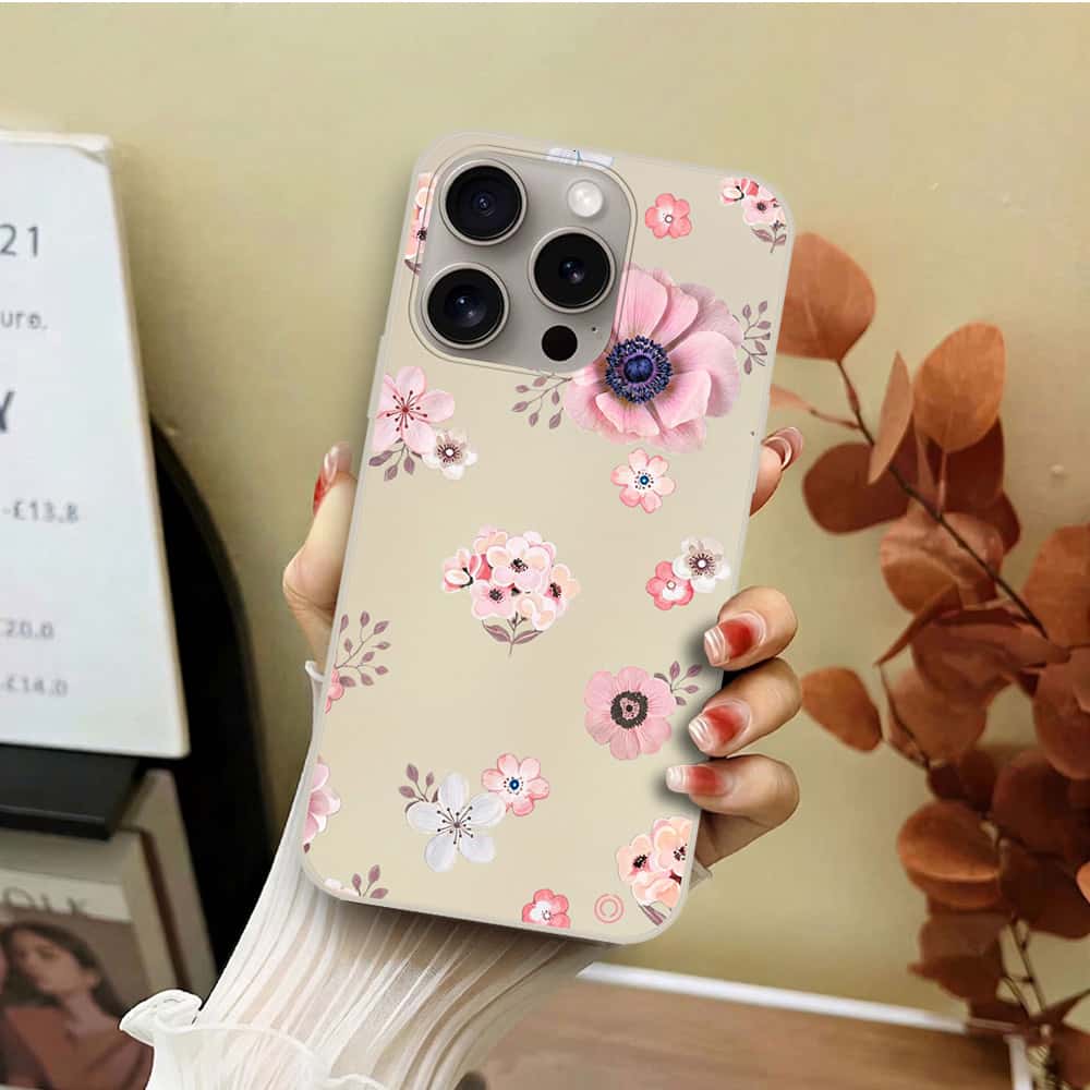iPhone 15 Pro Max Cover - Off White - D2 - ONation Nature Floral Series - HQ Liquid Silicone Soft Case