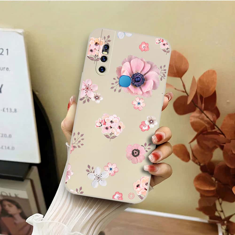 Vivo V15 Cover - Off White - D2 - ONation Nature Floral Series - HQ Liquid Silicone Soft Case