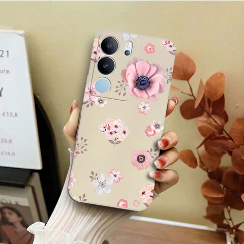 Vivo V29 Pro Cover - Off White - D2 - ONation Nature Floral Series - HQ Liquid Silicone Soft Case