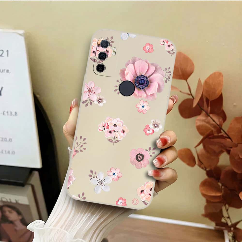 Oppo A32 Cover - Off White - D2 - ONation Nature Floral Series - HQ Liquid Silicone Soft Case