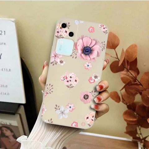 Vivo V30  Cover - Off White - D2 - ONation Nature Floral Series - HQ Liquid Silicone Soft Case