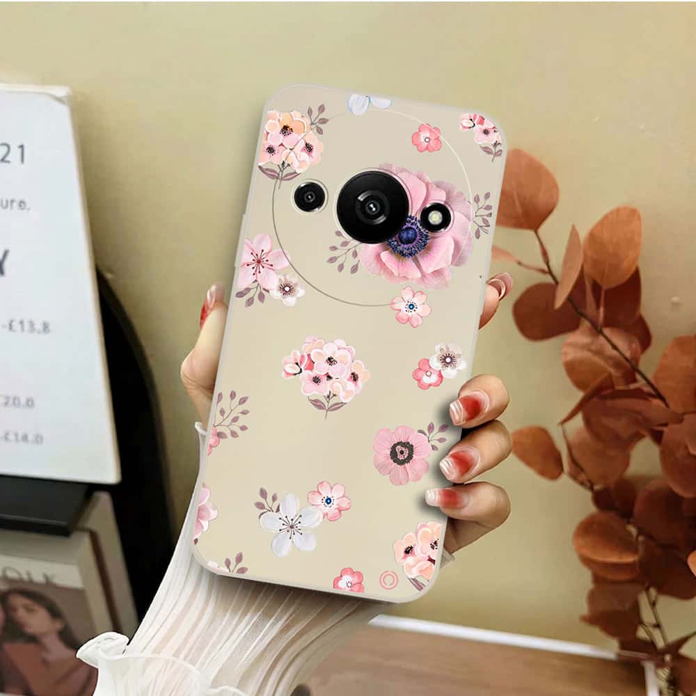 Xiaomi Redmi A3 Cover - Off White - D2 - ONation Nature Floral Series - HQ Liquid Silicone Soft Case