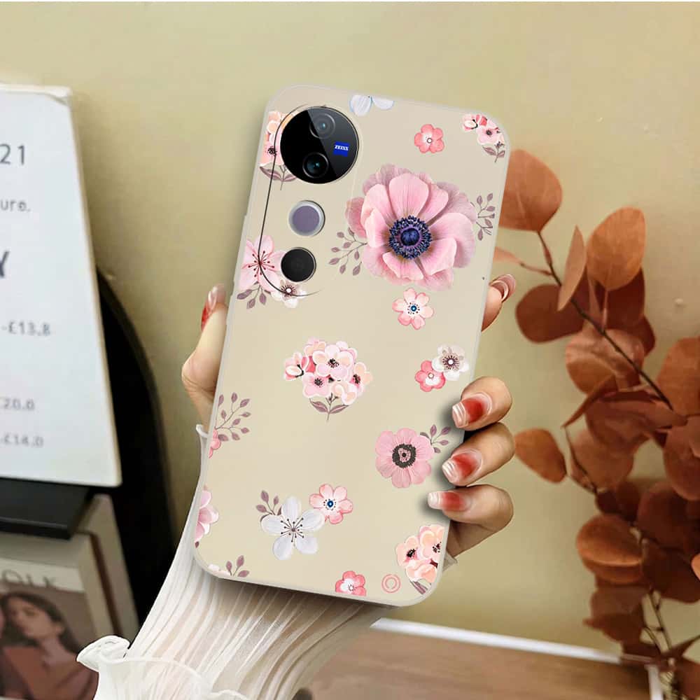 Vivo V40 Cover - Off White - D2 - ONation Nature Floral Series - HQ Liquid Silicone Soft Case