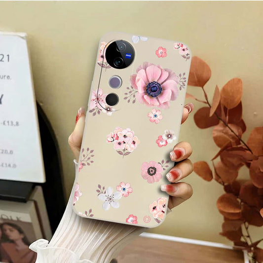 Vivo V40 Pro Cover - Off White - D2 - ONation Nature Floral Series - HQ Liquid Silicone Soft Case