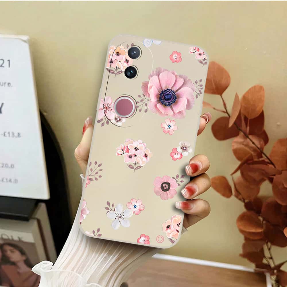 Vivo V50 Cover - Off White - D2 - ONation Nature Floral Series - HQ Liquid Silicone Soft Case